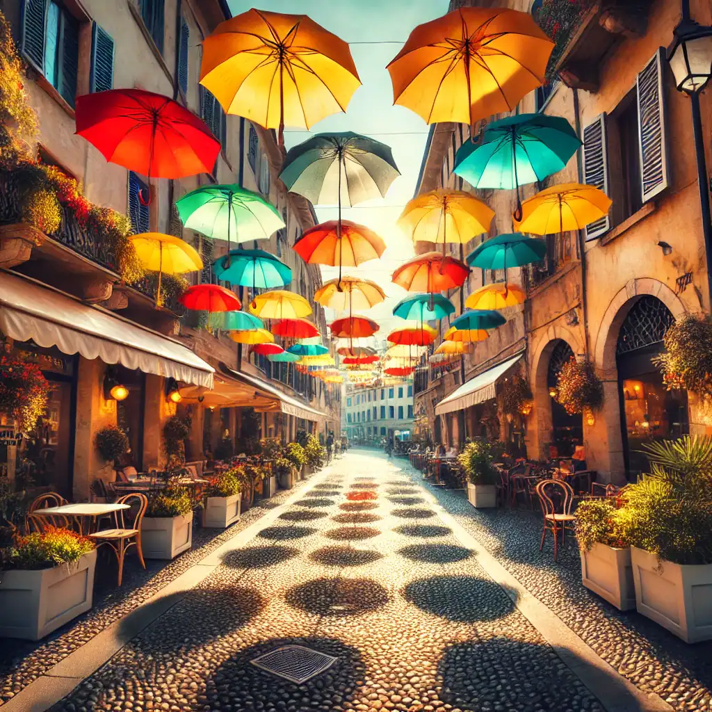 Malownicza włoska uliczka z kolorowymi parasolami – inspiracja do aranżacji wnętrz z roletami