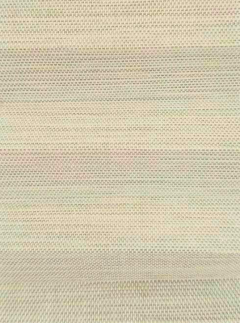Close-up of light beige woven fabric with faint pink and green threads.