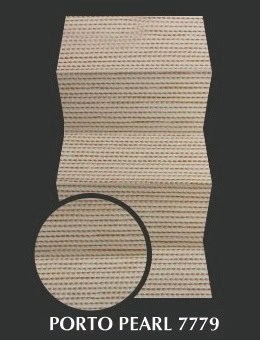 Porto Pearl 7779 material sample: beige ribbed corrugated sheet with a black circular magnifier on the lower left.
