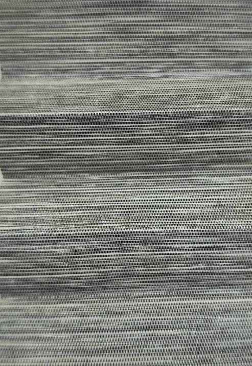 Close-up of gray woven fabric texture with fine, repeating stripes.