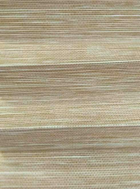 Close-up of beige woven fabric with horizontal stripes and a basket-weave texture.