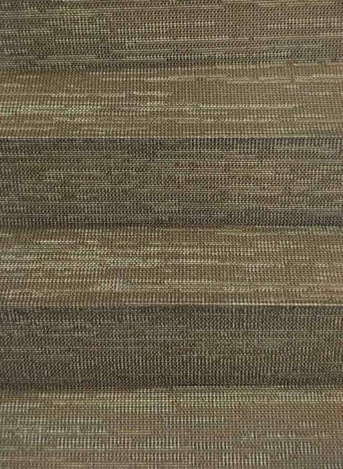 Close-up of a coarse woven fabric in brown and olive tones, showing a textured, striped pattern