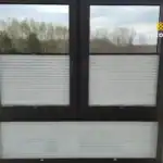 Miniaturka - Jasne plisy okienne zamontowane na oknie trzyczęściowym z widokiem na las, system osłonowy zainstalowany w Nadmie.